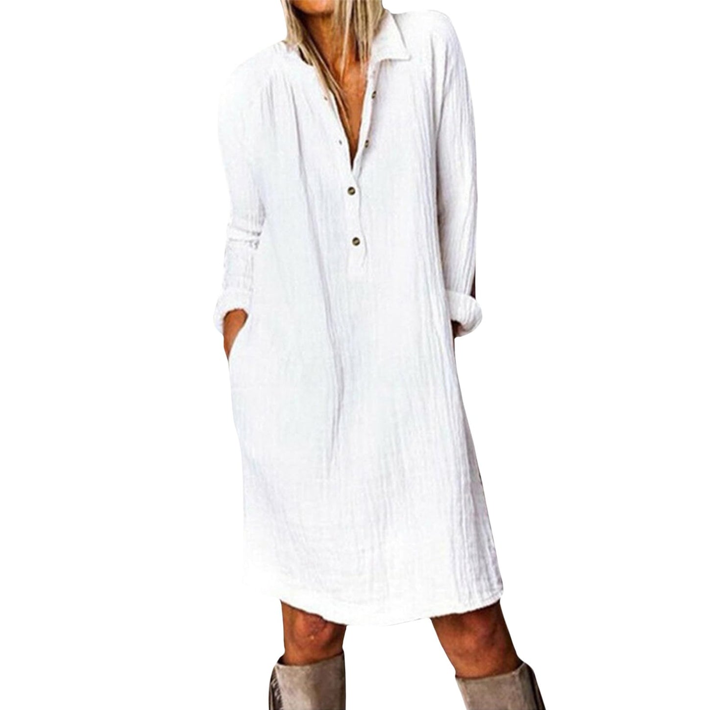 NAILONG Cotton Button Down Shirt Dress for Women Long Sleeve Midi Spring Summer Casual Loose Tshirt Dress with Pockets