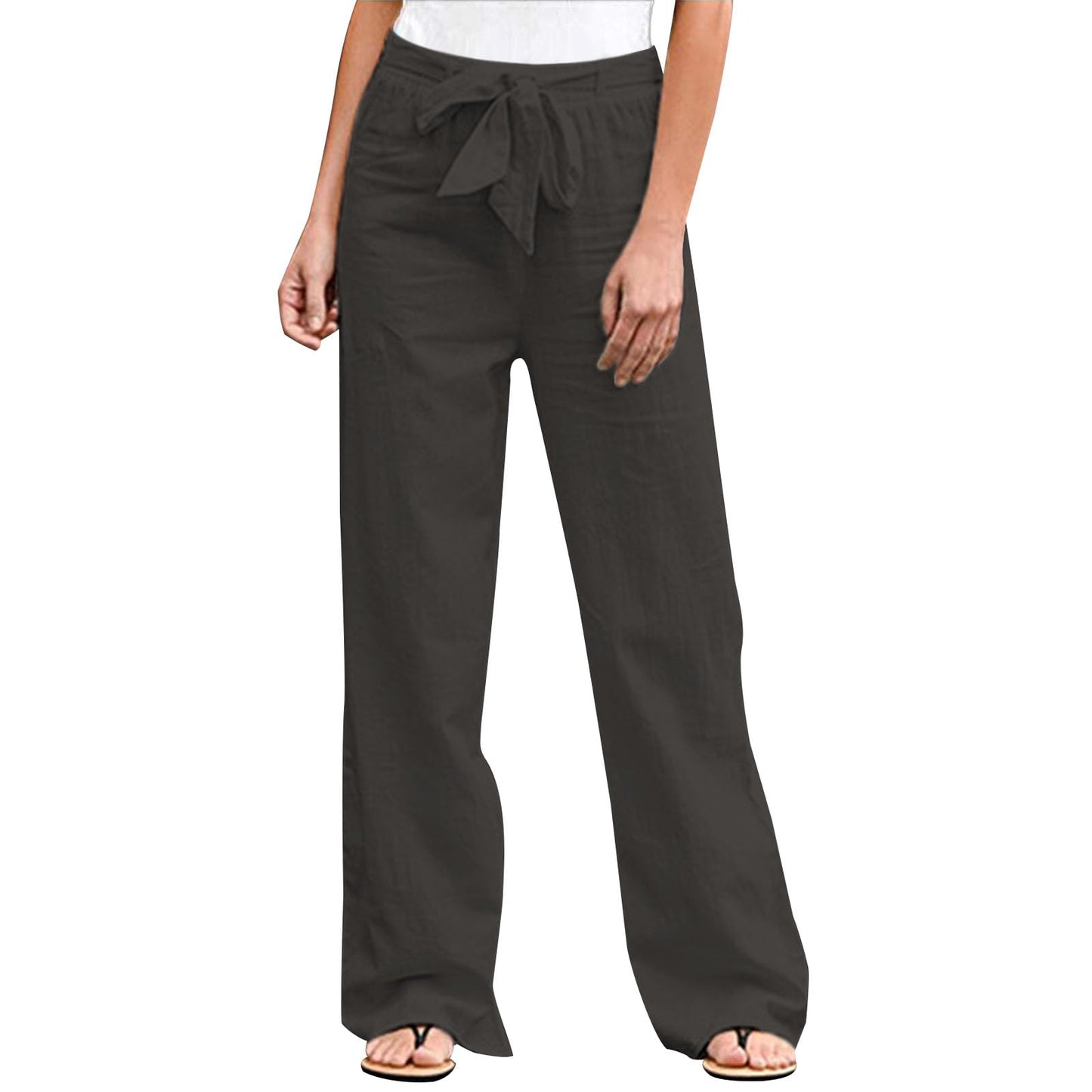 GYMBULL Womens Cotton Linen Summer Pants Tie High Waisted Casual Straight Leg Pants Dressy Palazzo Soft Trousers with Pockets
