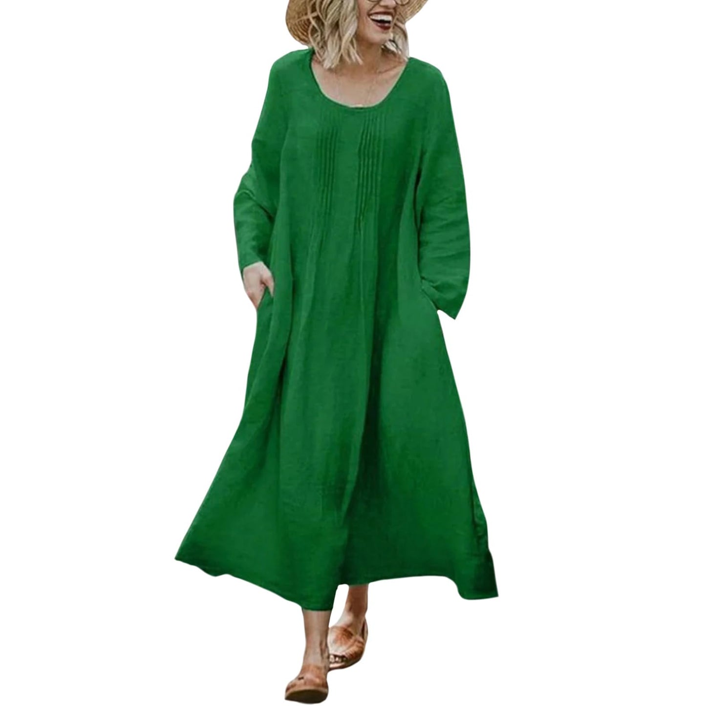 Bejirog Plus Size Linen Dresses for Women Long Sleeve Loose Crew Neck Oversized Casual Spring Fall Maxi Dress with Pockets