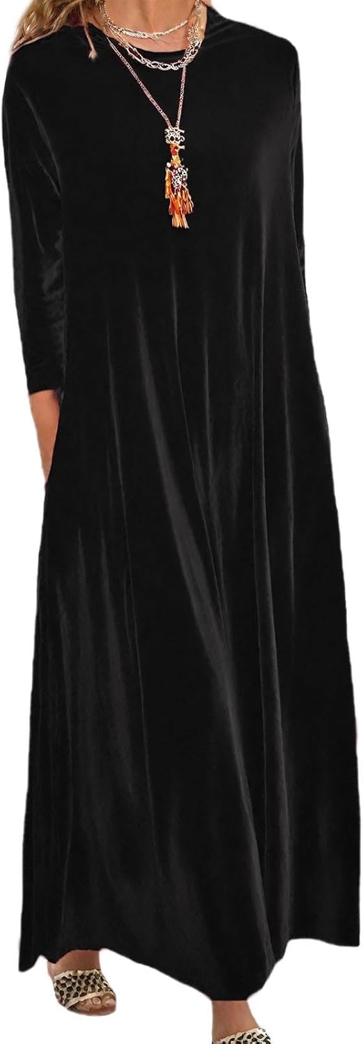 Embryform Velvet Dress for Women Spring Maxi Dress 2026 Plus Size Short Sleeve Velvet Casual Loose Elegant Crew Neck with Pocket