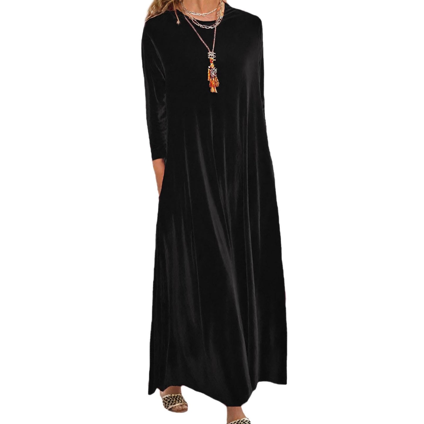 Embryform Velvet Dress for Women Spring Maxi Dress 2026 Plus Size Short Sleeve Velvet Casual Loose Elegant Crew Neck with Pocket