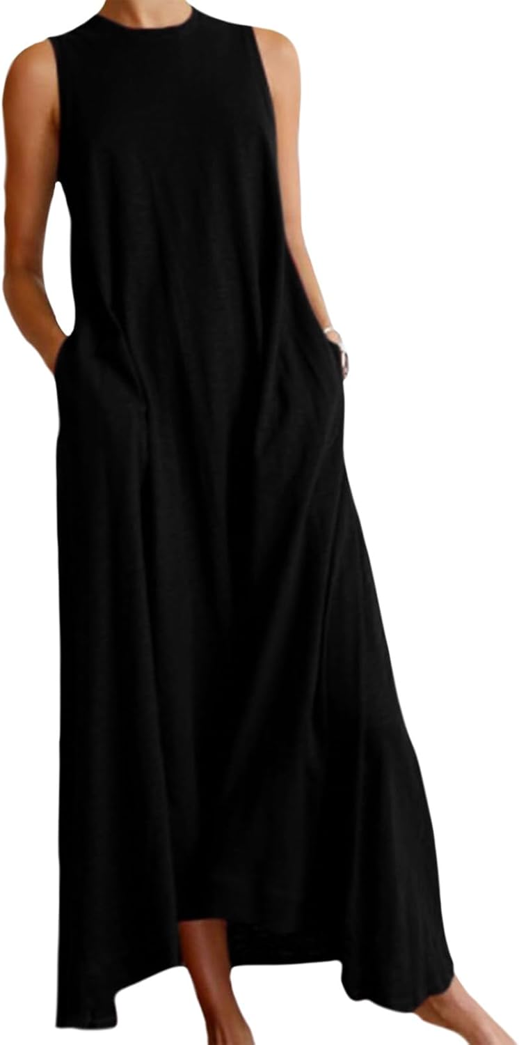 Bejirog Sleeveless Summer Dresses for Women,2026 Casual Tank Top Long Maxi A Line Swing Dress Crew Neck with Pockets