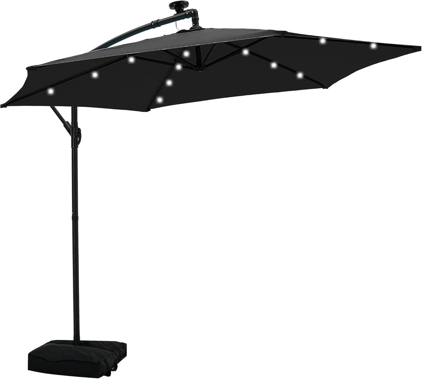 JiffPom 10ft Cantilever Patio Umbrella with Lights, Hanging Offset Market Outdoor Sun Shade for Backyard,Deck,Poolside,Black