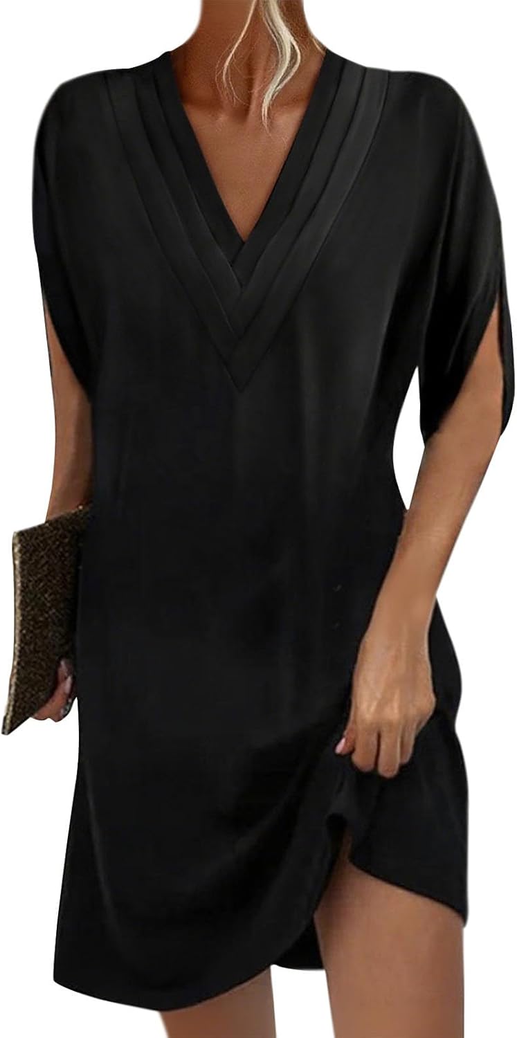Embryform Soft Petal Sleeve V Neck Tunic Dress for Women 2026, Loose Casual Summer Midi Dress with Pockets