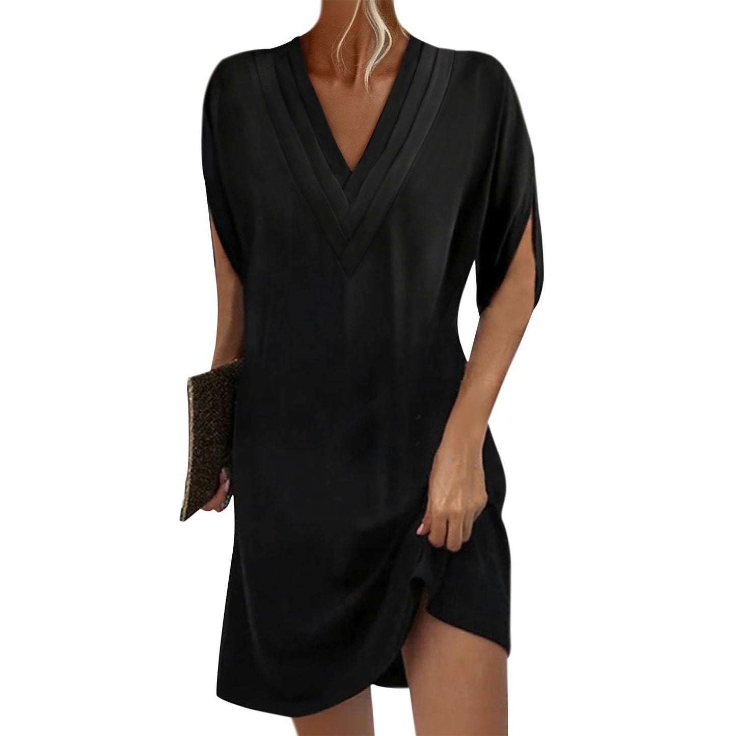 Embryform Soft Petal Sleeve V Neck Tunic Dress for Women 2026, Loose Casual Summer Midi Dress with Pockets