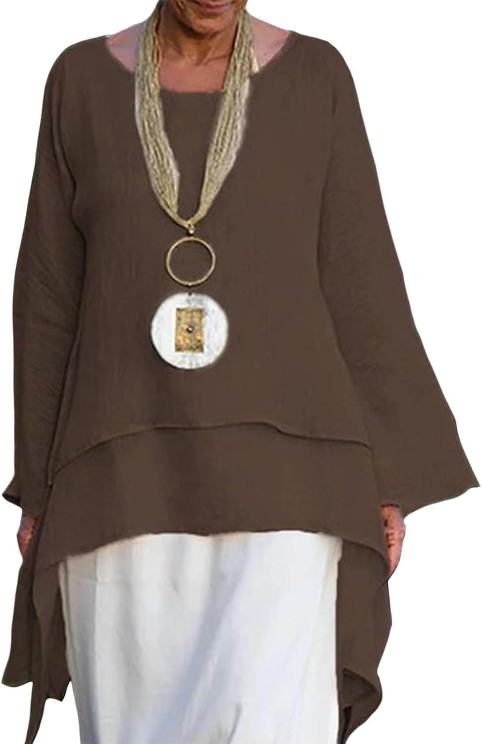 Befox Asymmetrical Hem Tops for Women Linen Blouse Long Sleeve Crew Neck Flowy Tunic Shirt Irregular Hem Plus Size Tops