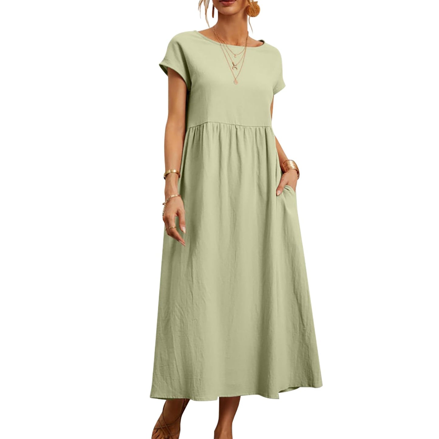 FONDBERYL Cotton Linen Dress for Women Short Sleeve Casual Crew Neck Loose Maxi Summer 2026 Beach Vacation Dress with Pockets
