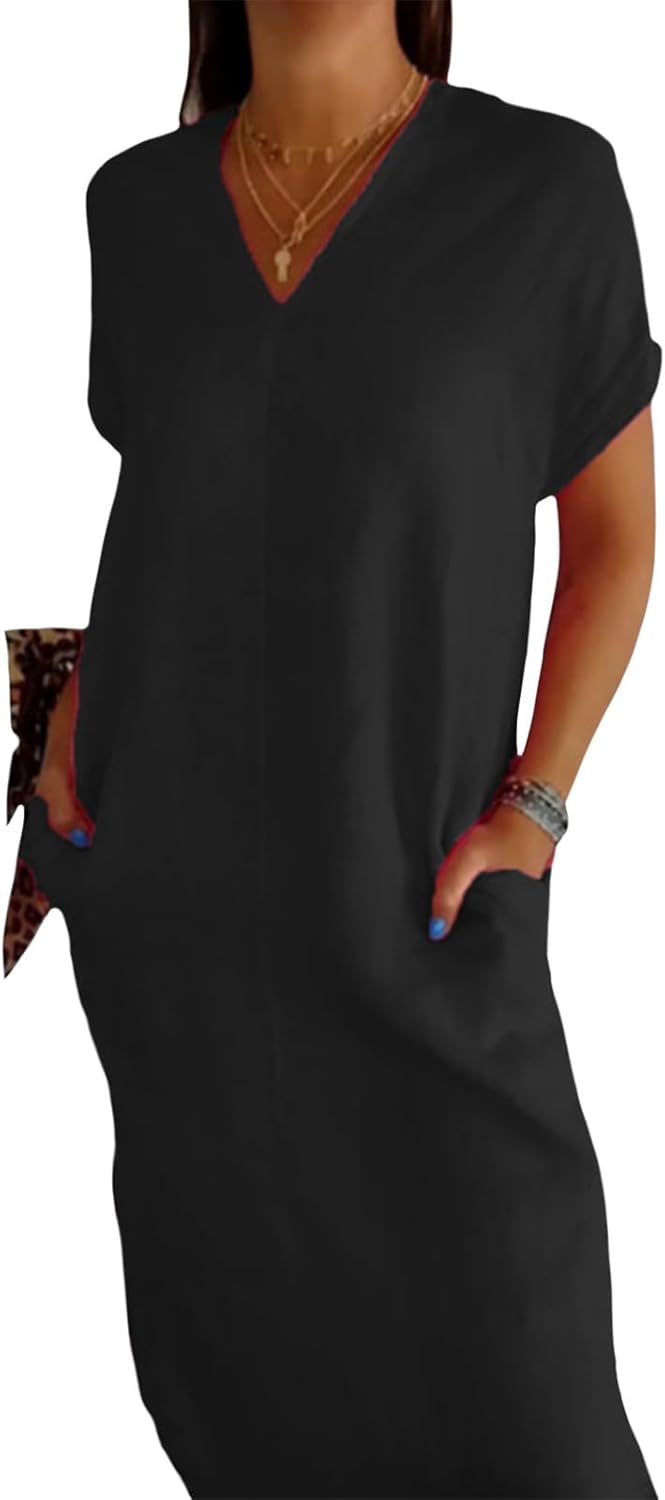 NAILONG Womens Short Sleeve V Neck Cotton Linen Dress, Casual Loose Long Maxi Summer Linen Dress for Women with Pockets