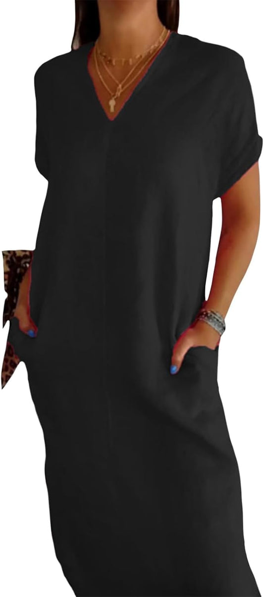 NAILONG Womens Short Sleeve V Neck Cotton Linen Dress, Casual Loose Long Maxi Summer Linen Dress for Women with Pockets