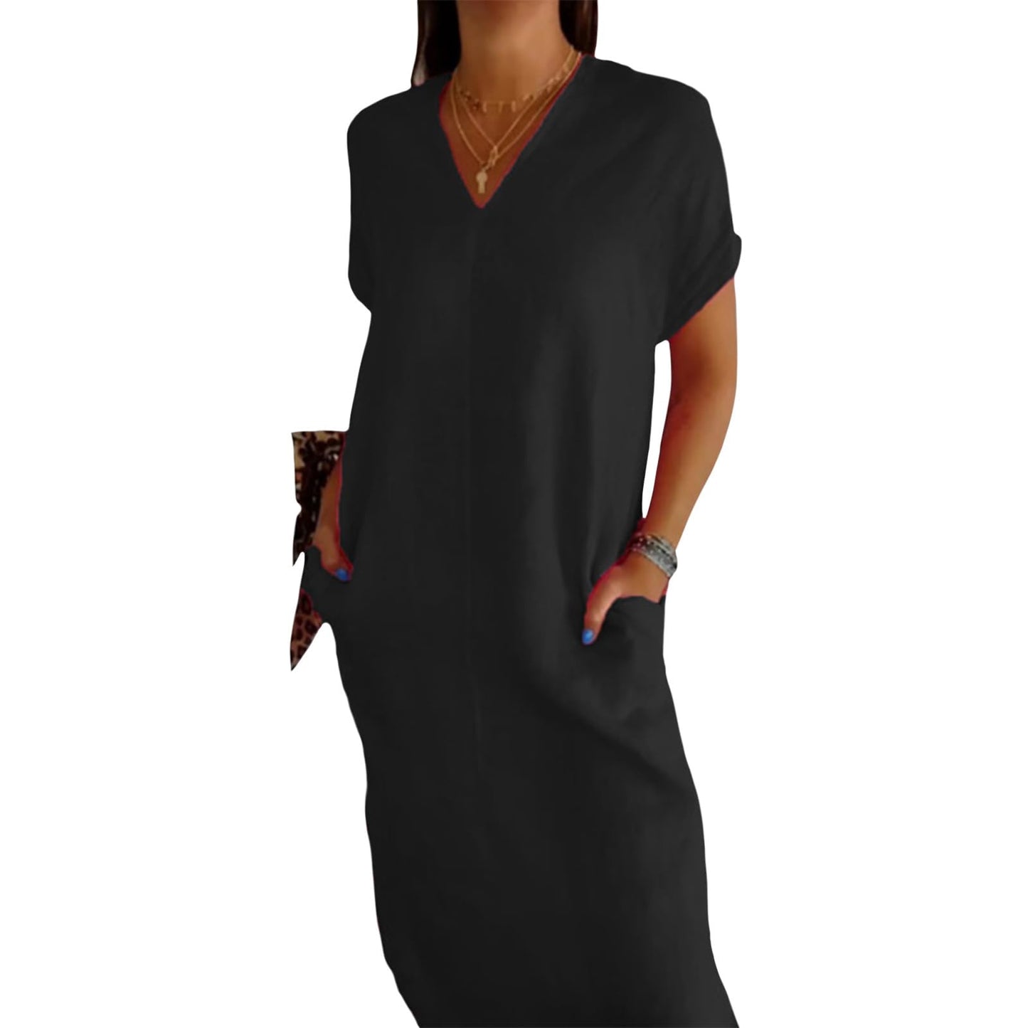 NAILONG Womens Short Sleeve V Neck Cotton Linen Dress, Casual Loose Long Maxi Summer Linen Dress for Women with Pockets