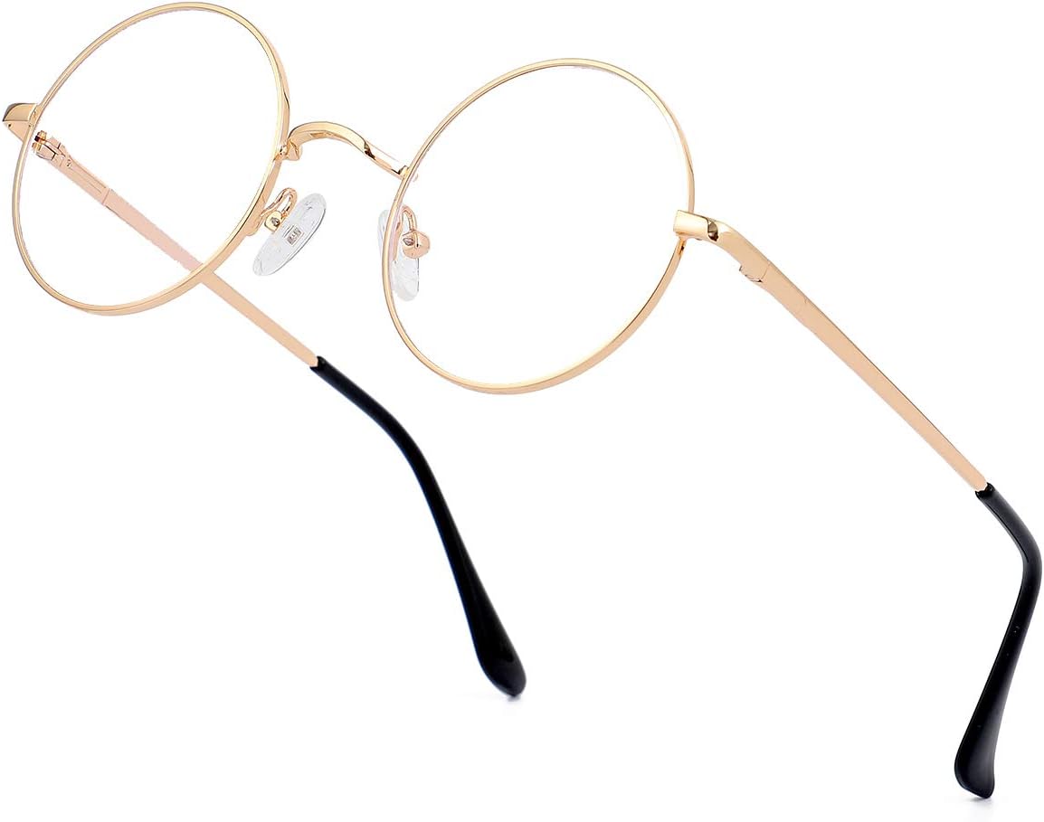 JiffPom Round Blue Light Blocking Glasses for Women Men Circle Clear Lens Metal Frame Eyeglasses Non Prescription