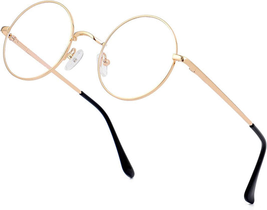 JiffPom Round Blue Light Blocking Glasses for Women Men Circle Clear Lens Metal Frame Eyeglasses Non Prescription