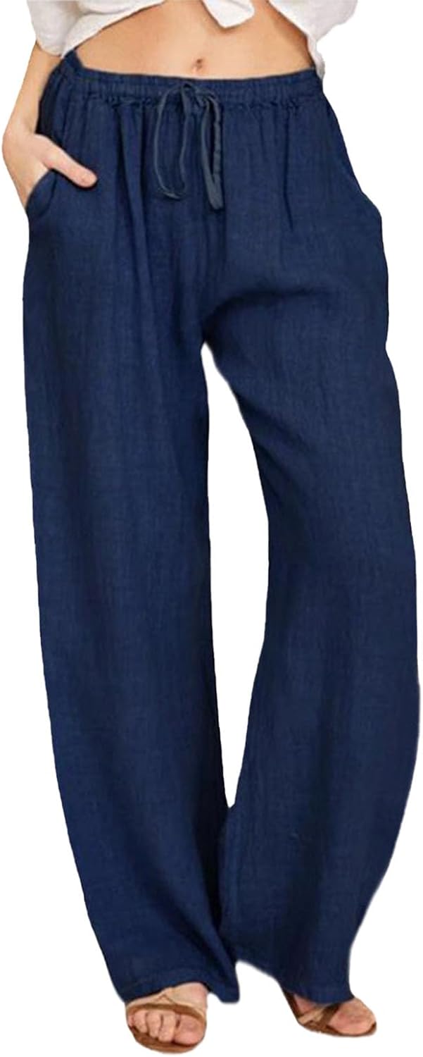 WAZZAP Women Pure Linen Wide Leg Pants High Waisted Drawstring Loose Trousers with Pockets for Summer