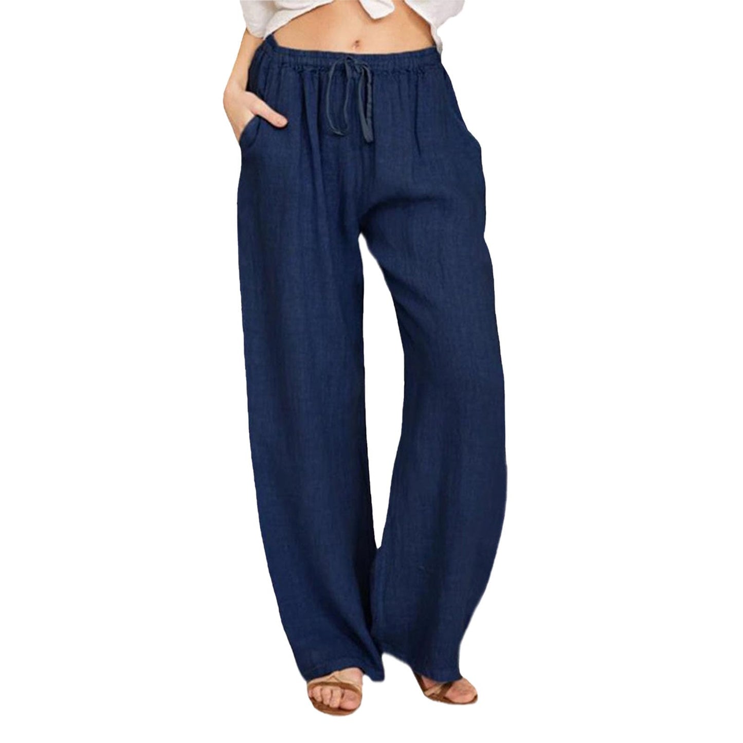 WAZZAP Women Pure Linen Wide Leg Pants High Waisted Drawstring Loose Trousers with Pockets for Summer