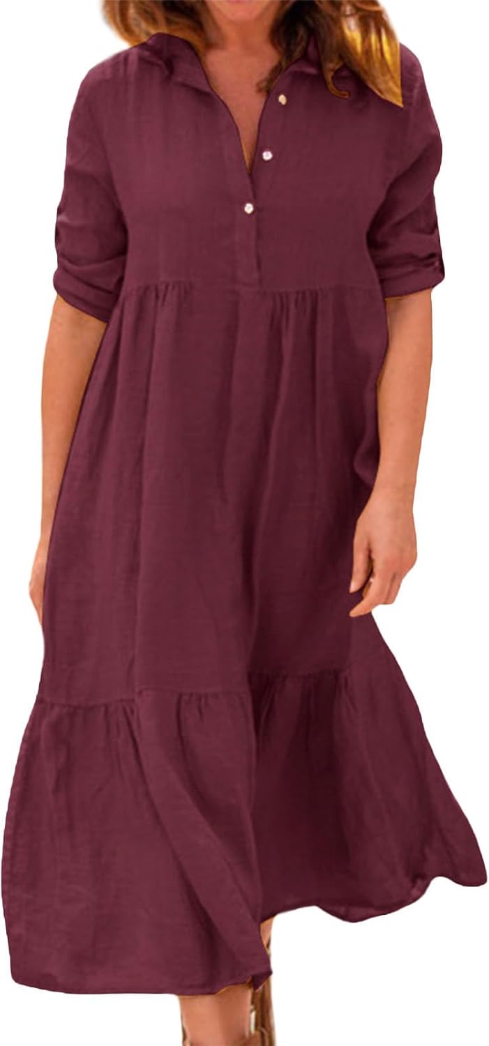 Alivebody Womens Button Down Shirt Dress, Cotton Linen Long Ruffle Hem Loose Half Sleeve Casual Summer Maxi Dress with Collar