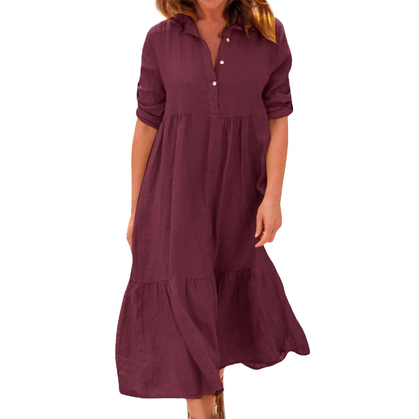 Alivebody Womens Button Down Shirt Dress, Cotton Linen Long Ruffle Hem Loose Half Sleeve Casual Summer Maxi Dress with Collar