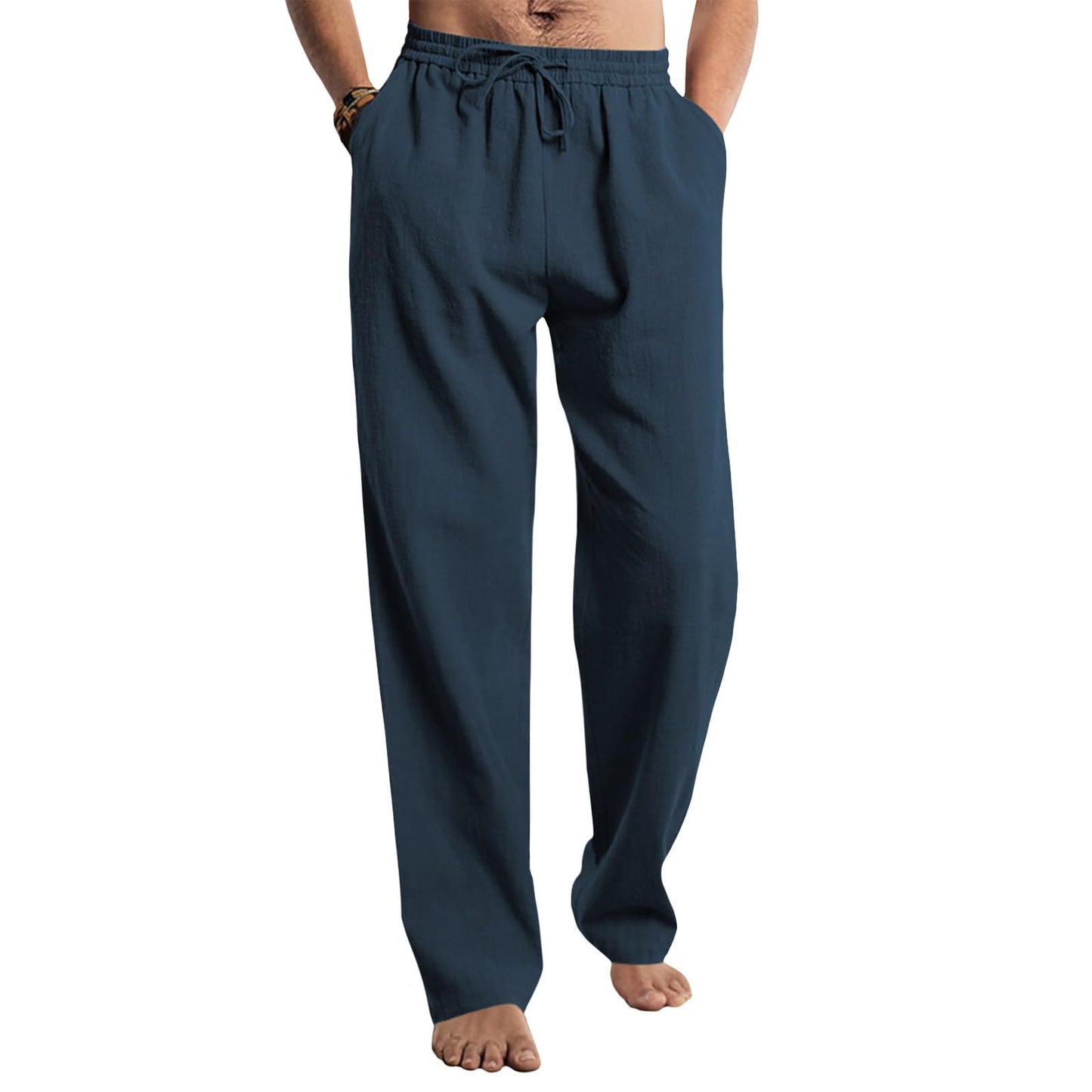 Befox Men Linen Pants,Casual Lightweight Loose Fit Elastic Drawstring Waist Loose Trousers Summer Beach Pants