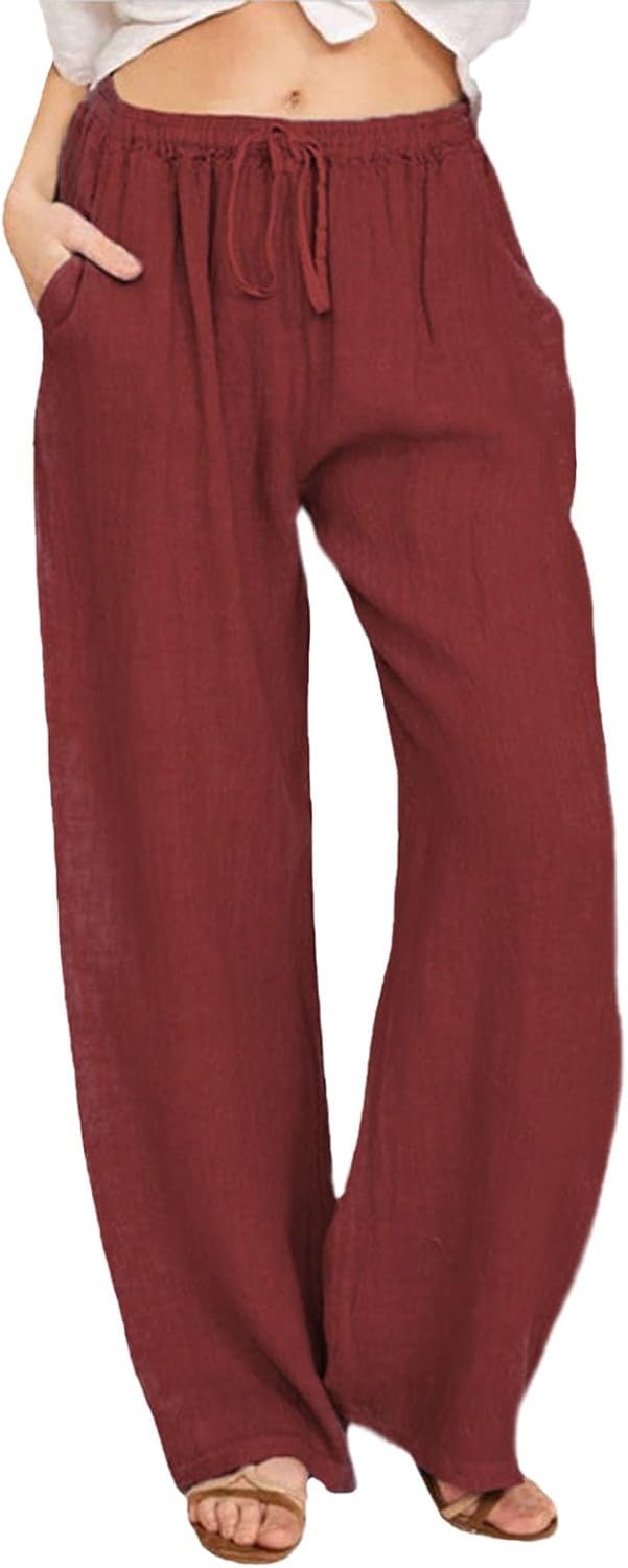 WAZZAP Women Pure Linen Wide Leg Pants High Waisted Drawstring Loose Trousers with Pockets for Summer