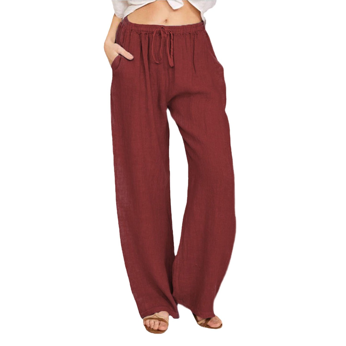 WAZZAP Women Pure Linen Wide Leg Pants High Waisted Drawstring Loose Trousers with Pockets for Summer
