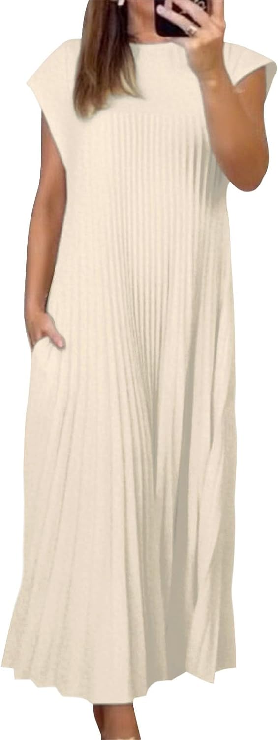 Alivebody Pleated Maxi Dress for Women Flowy Sleeveless Crew Neck Summer Dress with Pockets Casual Loose Long Sun Dress
