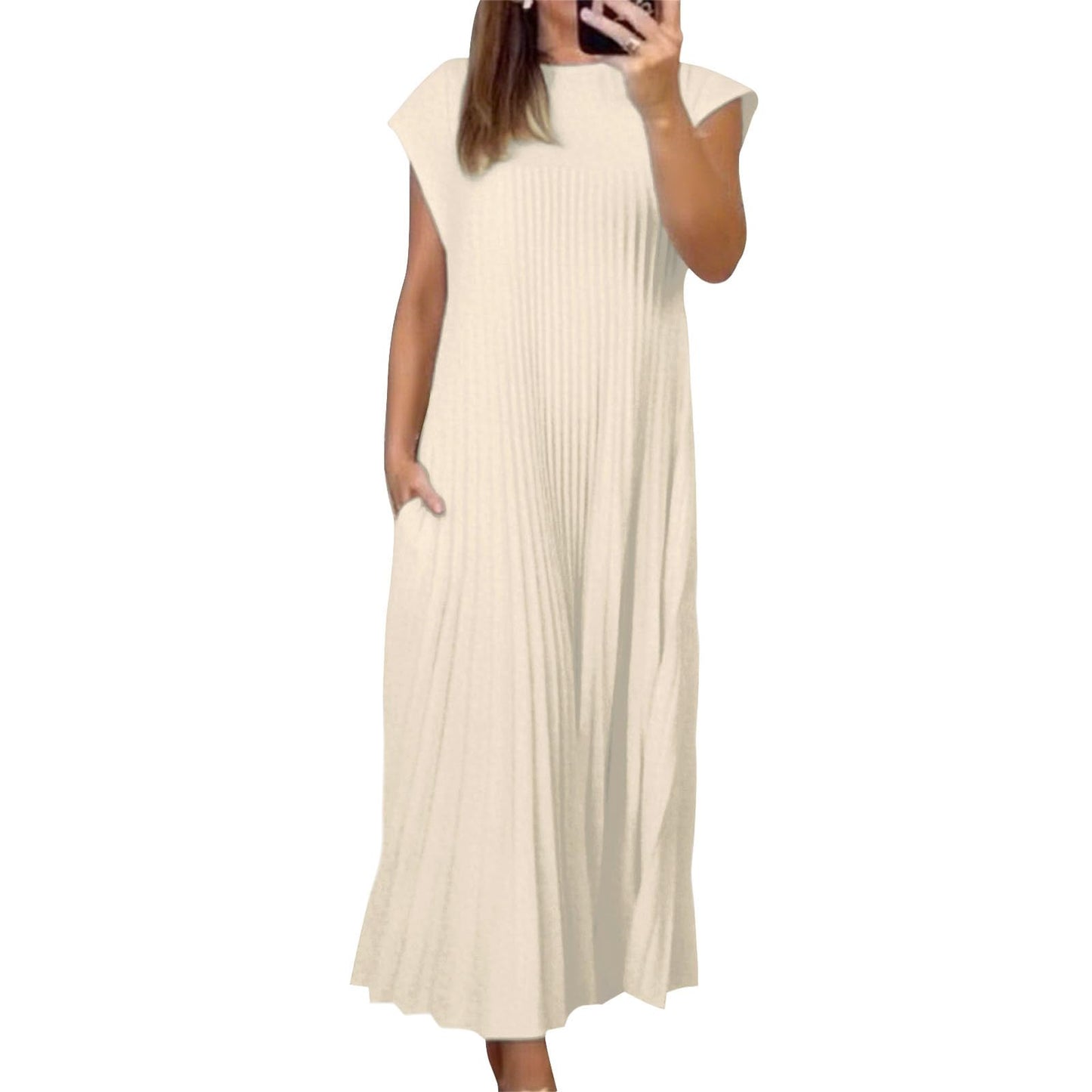Alivebody Pleated Maxi Dress for Women Flowy Sleeveless Crew Neck Summer Dress with Pockets Casual Loose Long Sun Dress