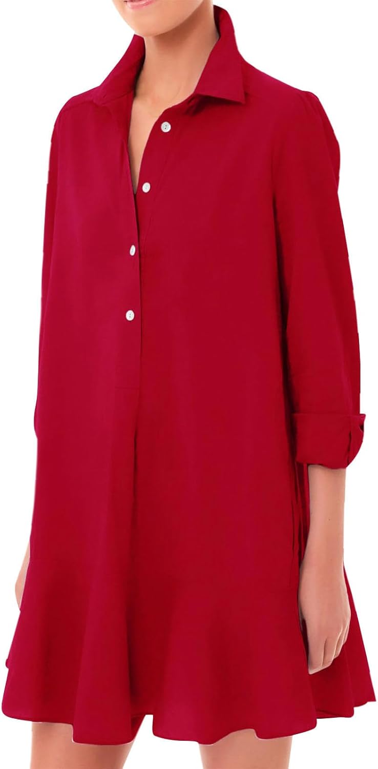 JiffPom Tunic Shirt Dress for Women, Casual Cotton Linen Button Up Long Sleeve Mini Shift Dress with Ruffle Hem and Pockets