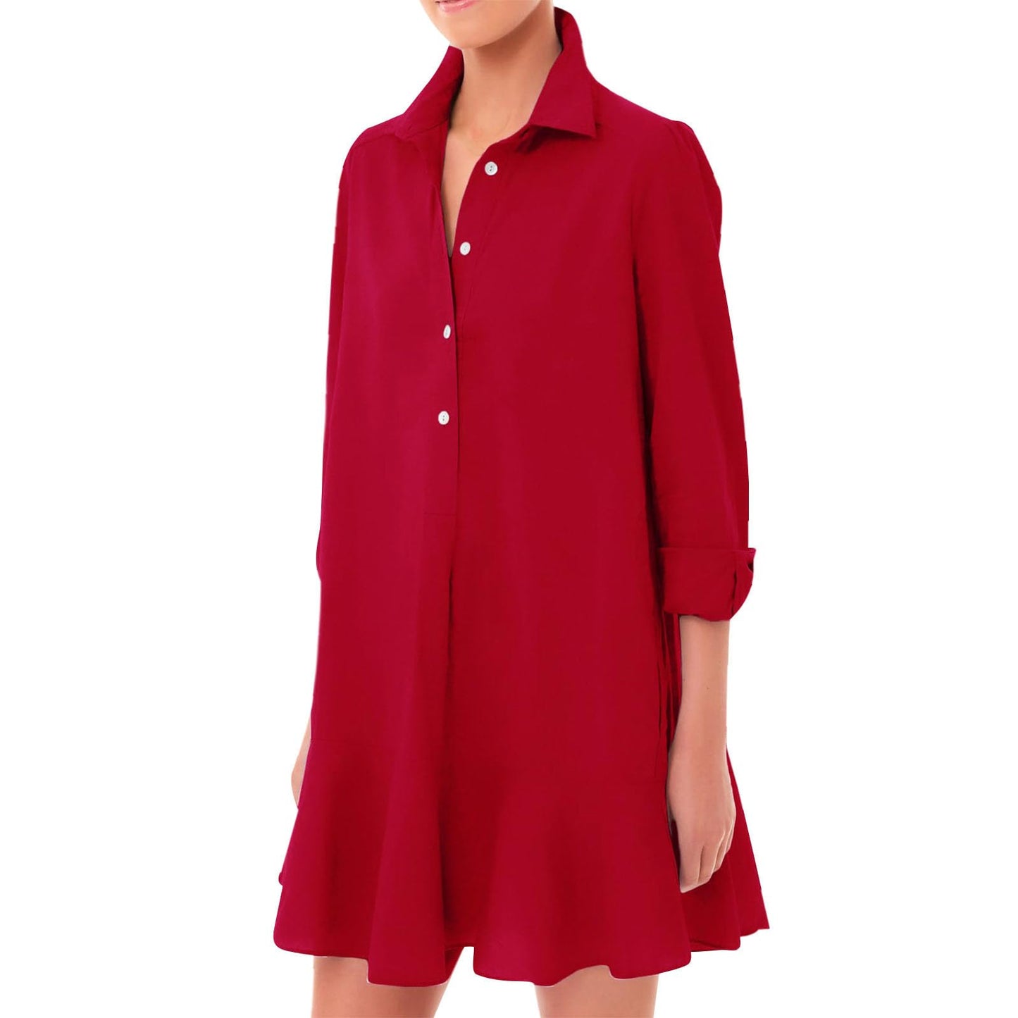 JiffPom Tunic Shirt Dress for Women, Casual Cotton Linen Button Up Long Sleeve Mini Shift Dress with Ruffle Hem and Pockets