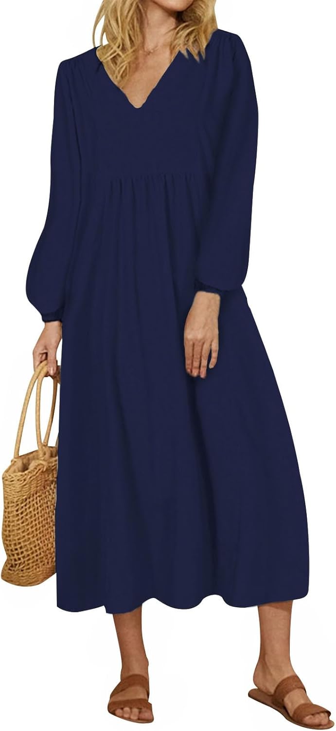 Alivebody Women's Cotton Linen V Neck Midi Dress with Lantern Sleeve, Loose A Line High Waisted Casual Spring Summer Dresses