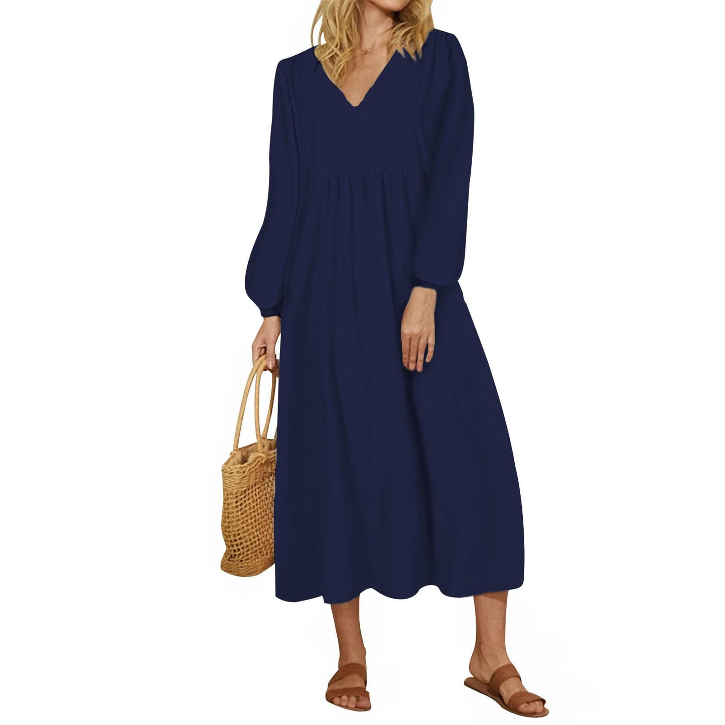 Alivebody Women's Cotton Linen V Neck Midi Dress with Lantern Sleeve, Loose A Line High Waisted Casual Spring Summer Dresses