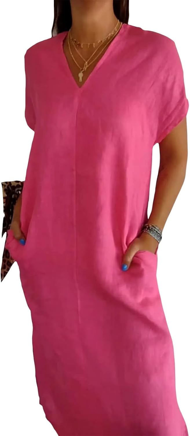 NAILONG Womens Short Sleeve V Neck Cotton Linen Dress, Casual Loose Long Maxi Summer Linen Dress for Women with Pockets