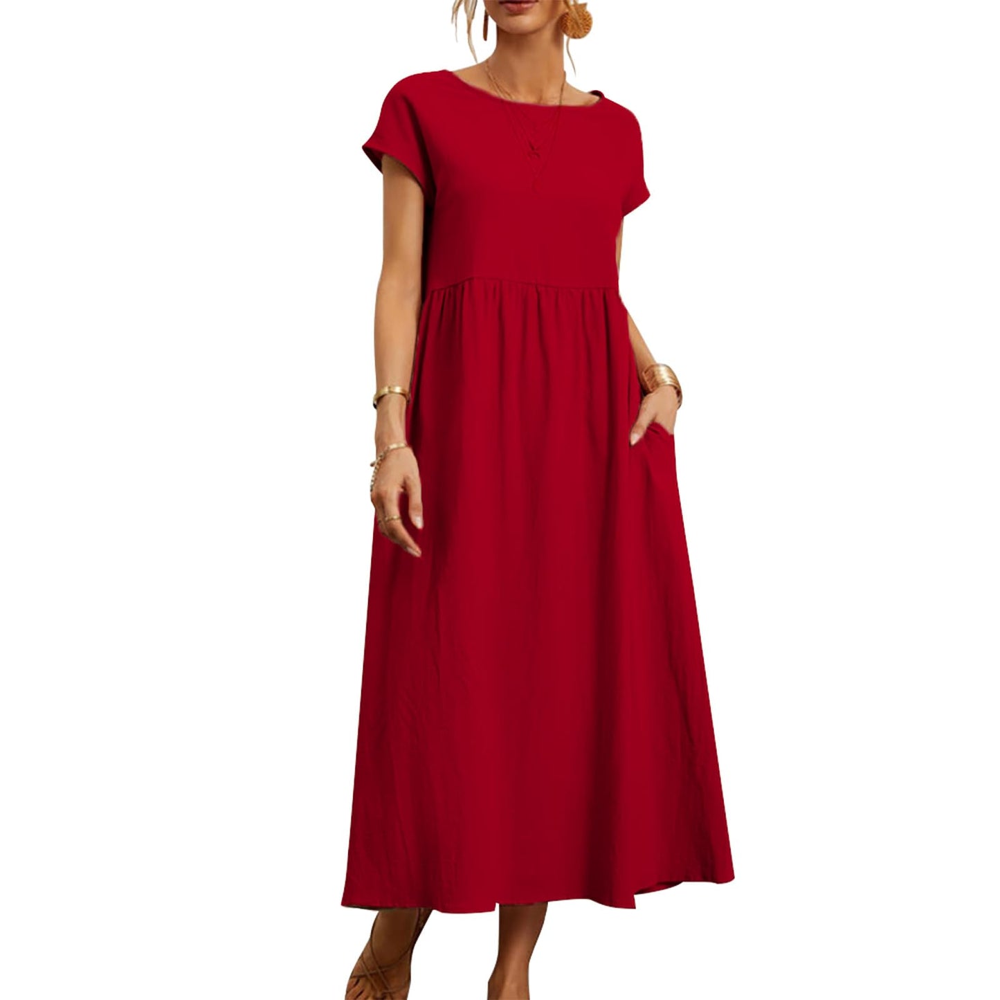 gukoo Cotton Linen Dress for Women Short Sleeve Casual Crew Neck Loose Maxi Summer 2026 Beach Vacation Dress with Pockets