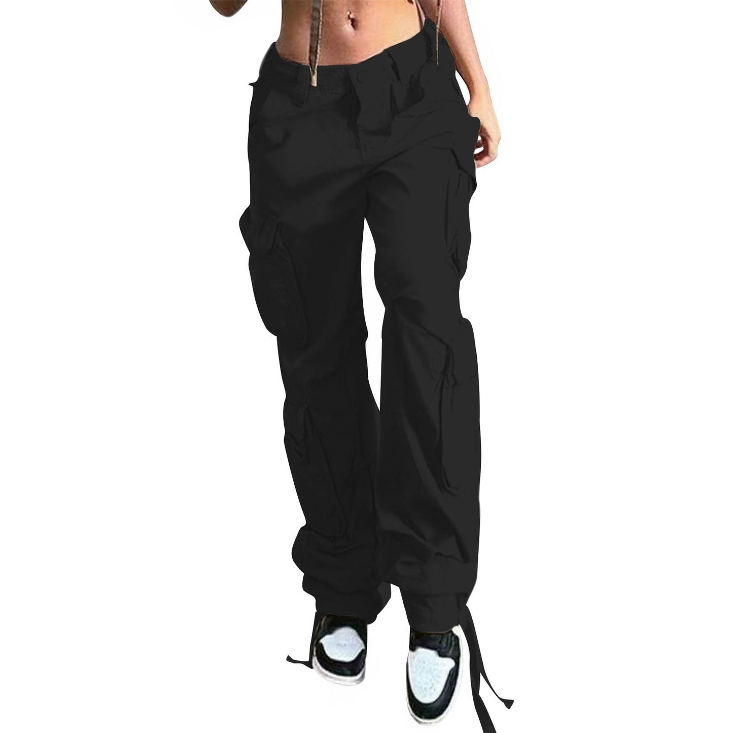 Reigee Womens Low Waisted Cargo Pants with Pockets, Y2K Baggy Stretchy Jeans for Women Streetwear Casual Straight Leg Cargo Trousers