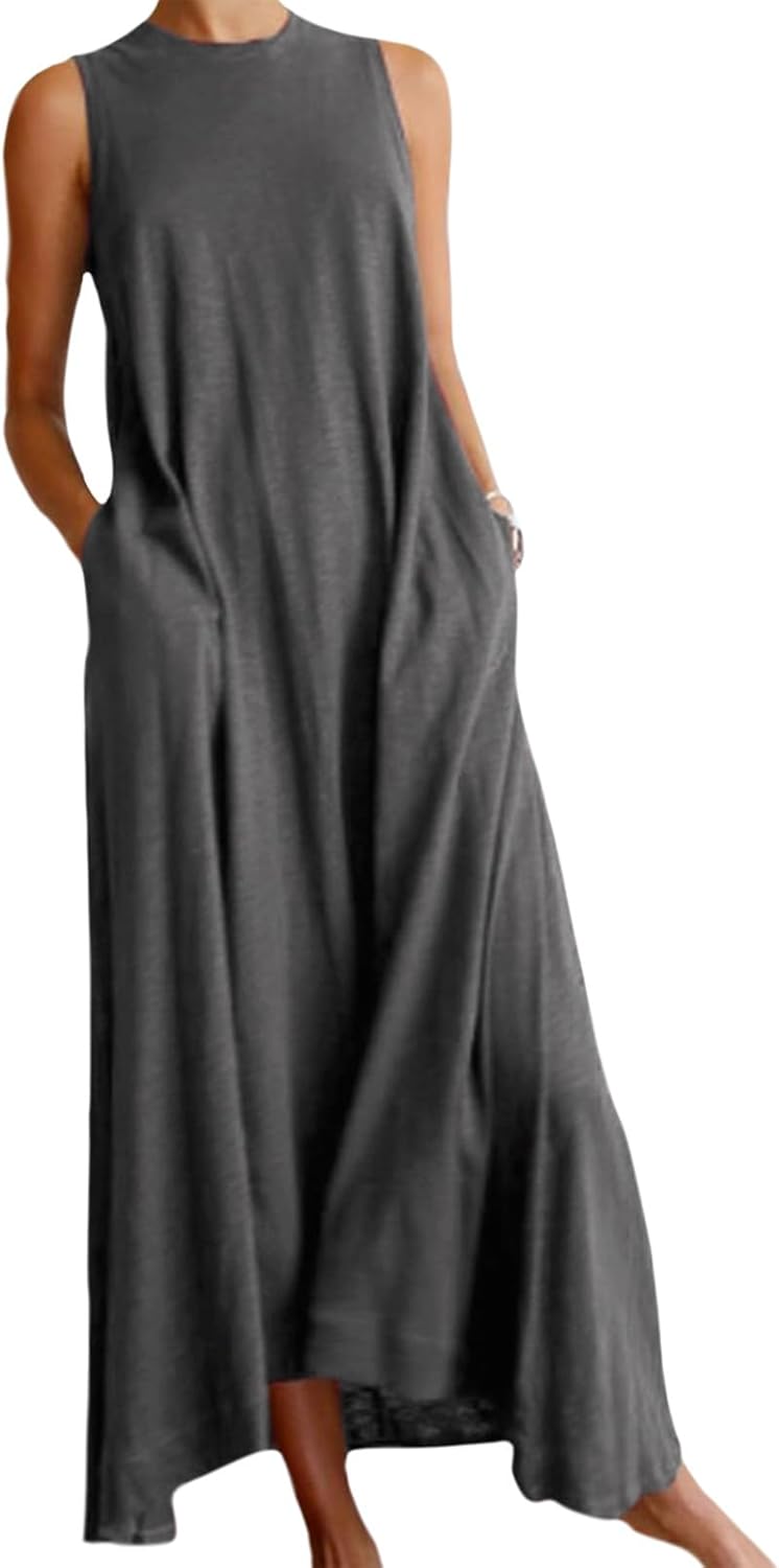 Bejirog Sleeveless Summer Dresses for Women,2026 Casual Tank Top Long Maxi A Line Swing Dress Crew Neck with Pockets