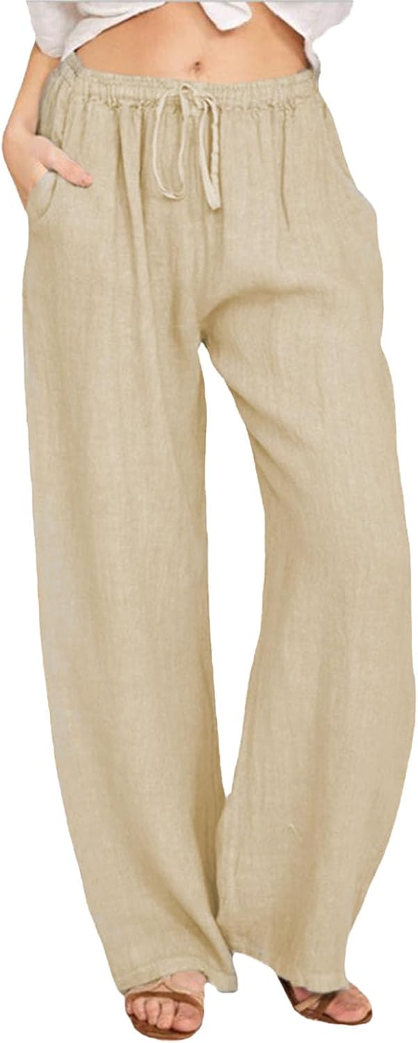 WAZZAP Women Pure Linen Wide Leg Pants High Waisted Drawstring Loose Trousers with Pockets for Summer