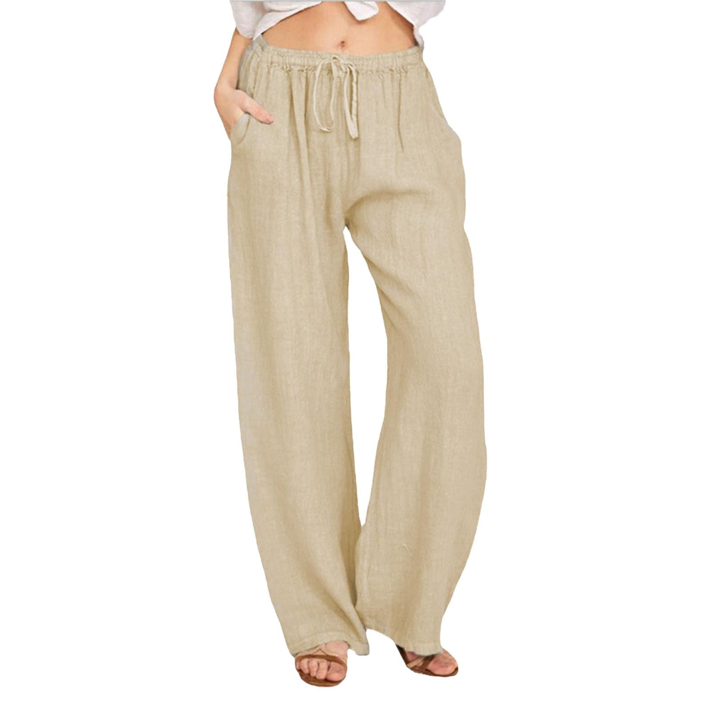 WAZZAP Women Pure Linen Wide Leg Pants High Waisted Drawstring Loose Trousers with Pockets for Summer