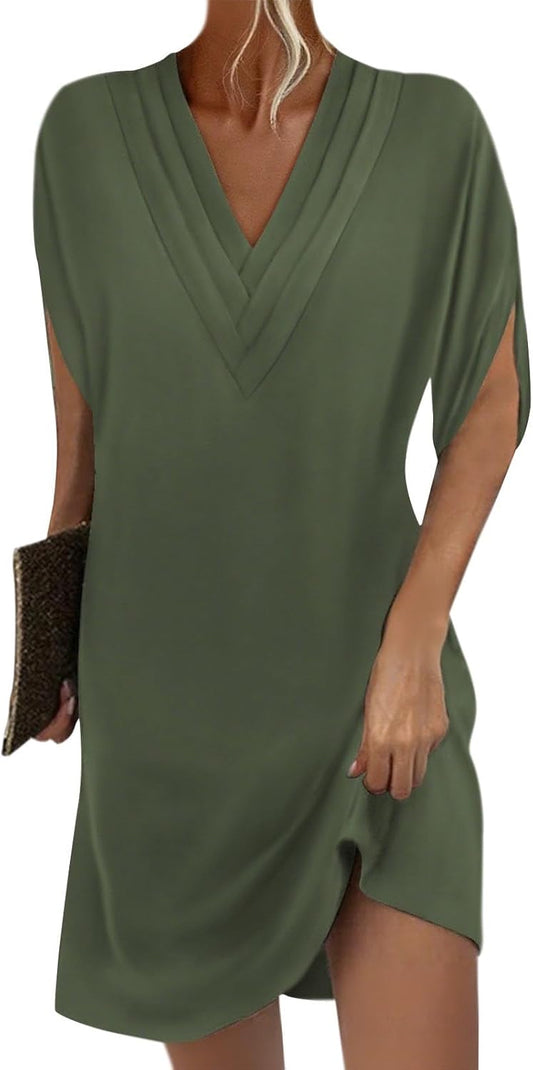 Embryform Soft Petal Sleeve V Neck Tunic Dress for Women 2026, Loose Casual Summer Midi Dress with Pockets