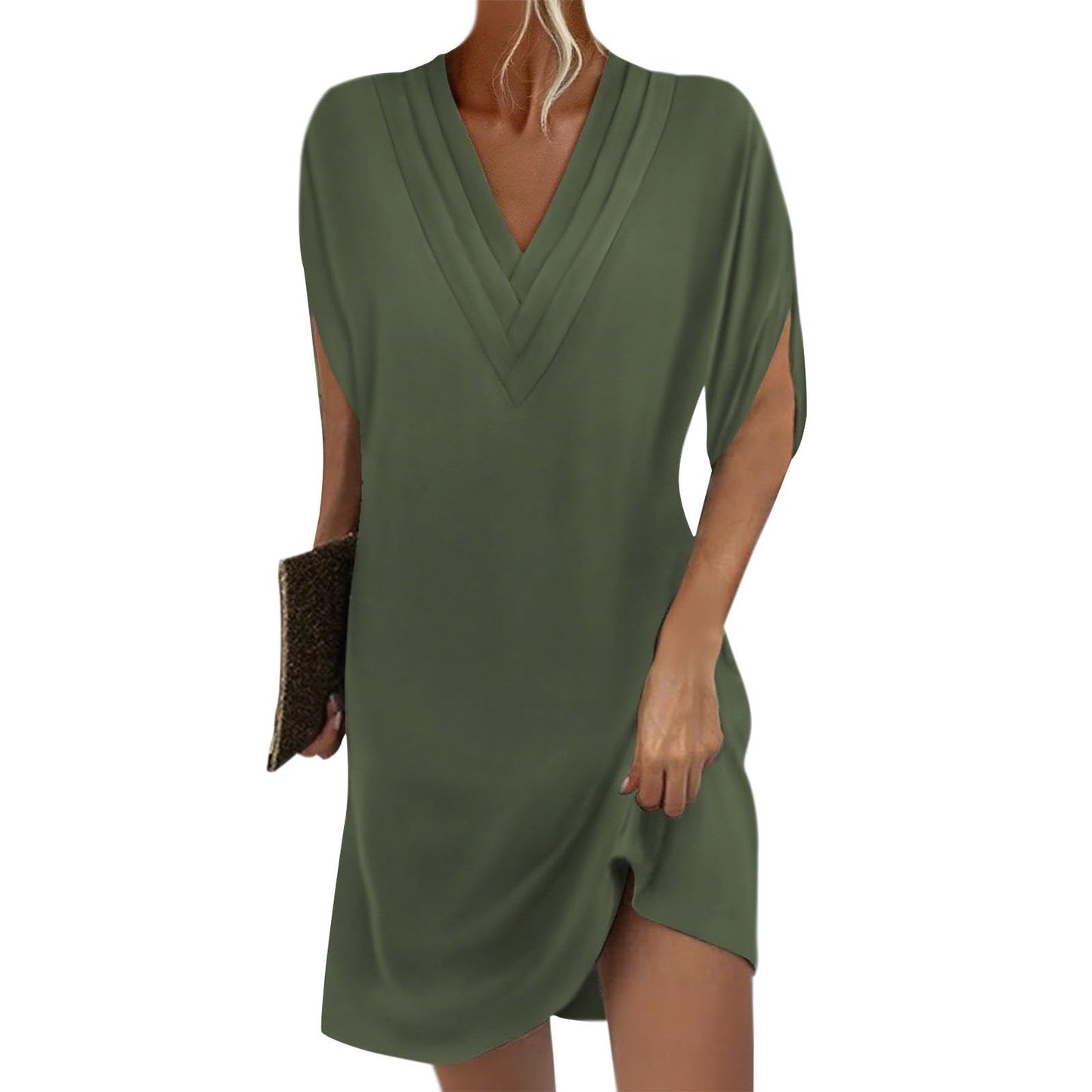 Embryform Soft Petal Sleeve V Neck Tunic Dress for Women 2026, Loose Casual Summer Midi Dress with Pockets
