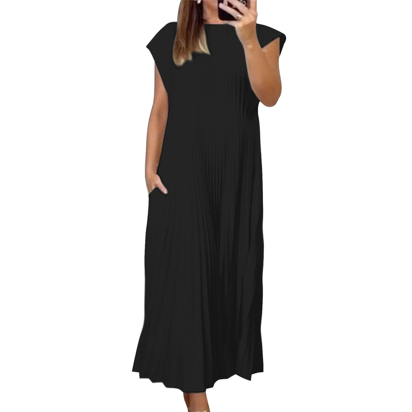 Alivebody Pleated Maxi Dress for Women Flowy Sleeveless Crew Neck Summer Dress with Pockets Casual Loose Long Sun Dress