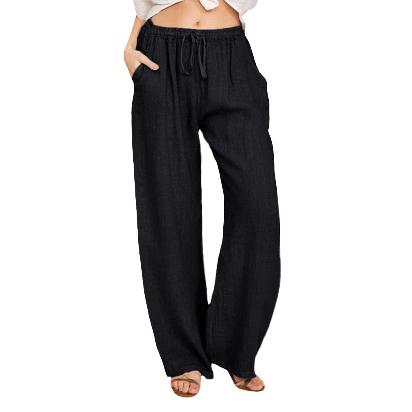 WAZZAP Women Pure Linen Wide Leg Pants High Waisted Drawstring Loose Trousers with Pockets for Summer