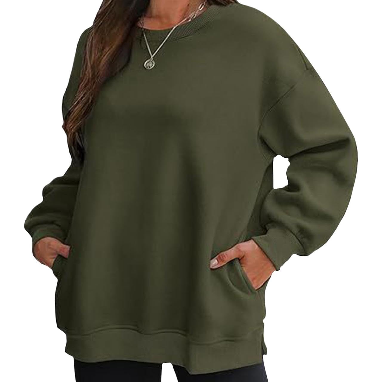 FONDBERYL Sweatshirt for Women 2025 Fall Winter Long Cuffed Sleeve Crew Neck Sweatshirts with Pockets