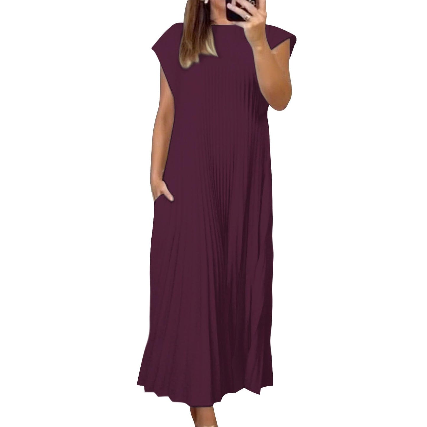 Alivebody Pleated Maxi Dress for Women Flowy Sleeveless Crew Neck Summer Dress with Pockets Casual Loose Long Sun Dress