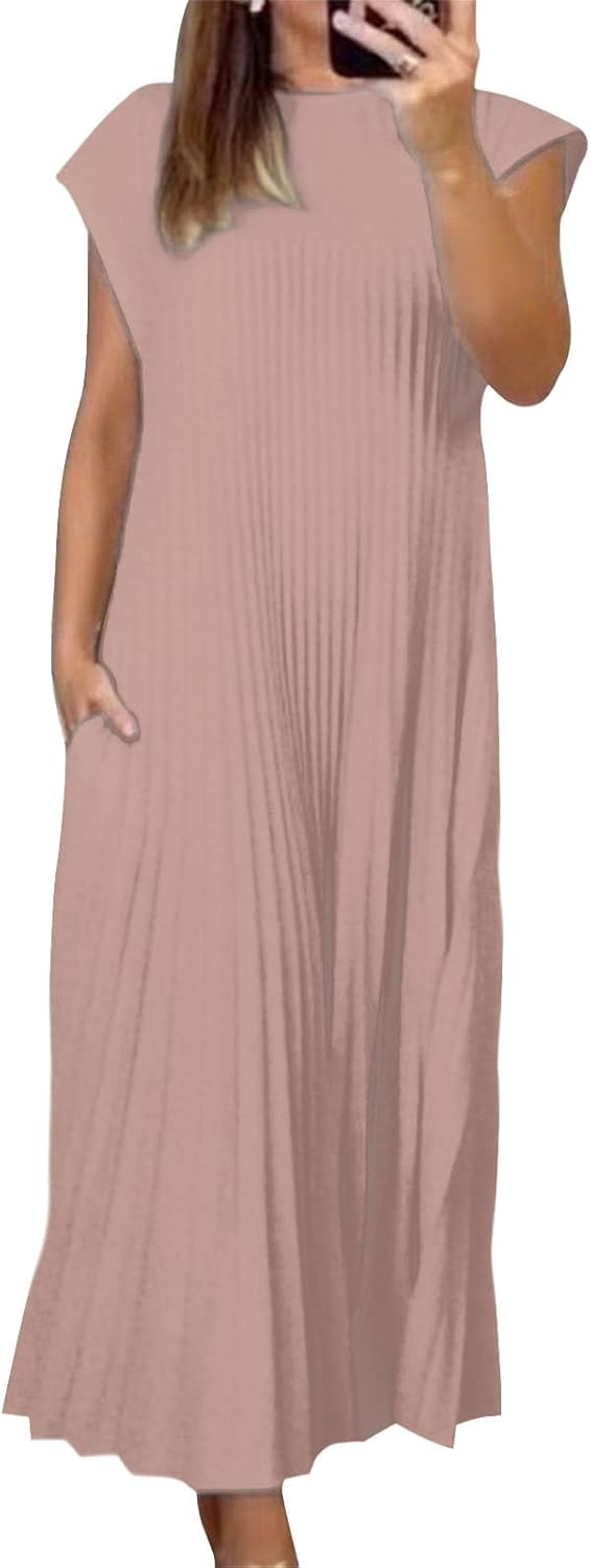 Alivebody Pleated Maxi Dress for Women Flowy Sleeveless Crew Neck Summer Dress with Pockets Casual Loose Long Sun Dress
