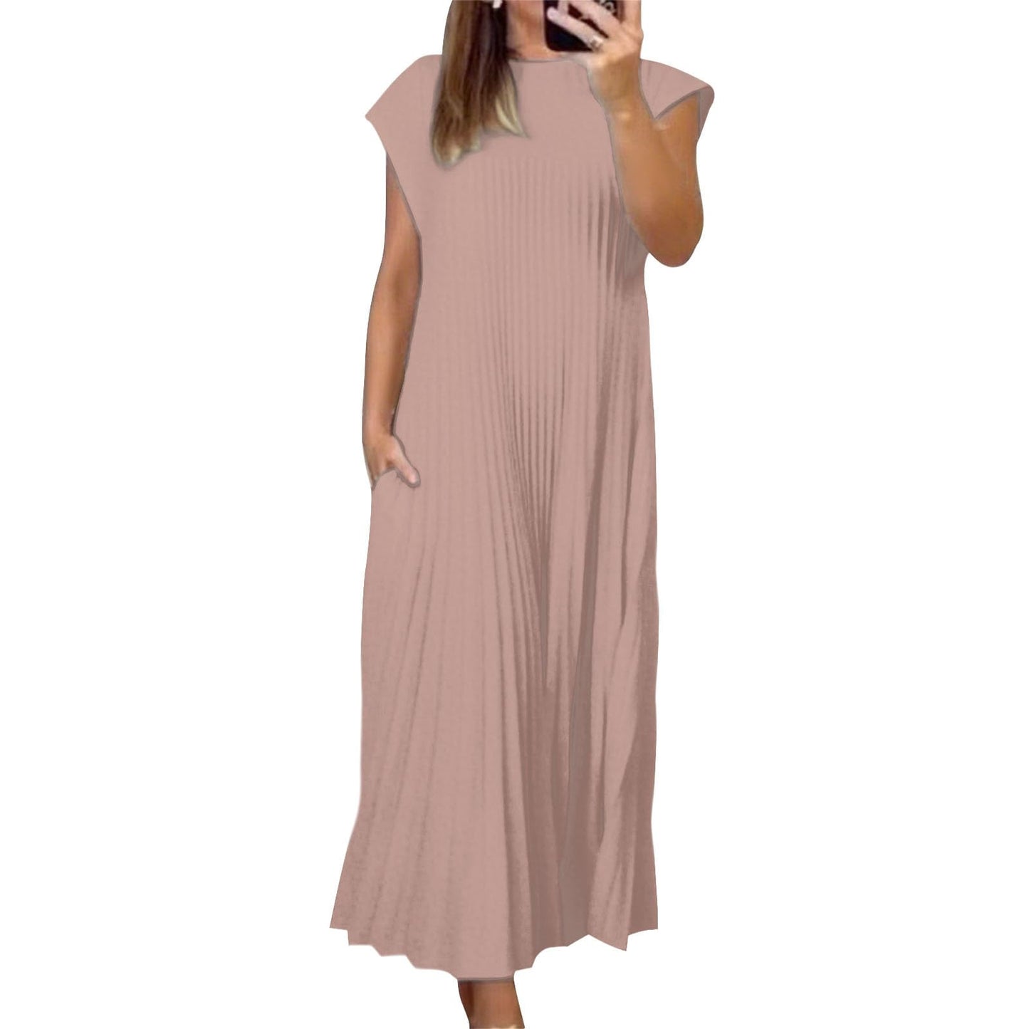 Alivebody Pleated Maxi Dress for Women Flowy Sleeveless Crew Neck Summer Dress with Pockets Casual Loose Long Sun Dress