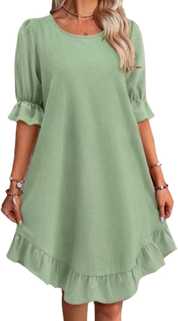 Reigee Cotton Dresses for Women Casual Summer Vacation Midi Ruffled Skirt Crewneck Falbala Solid Basic Dress