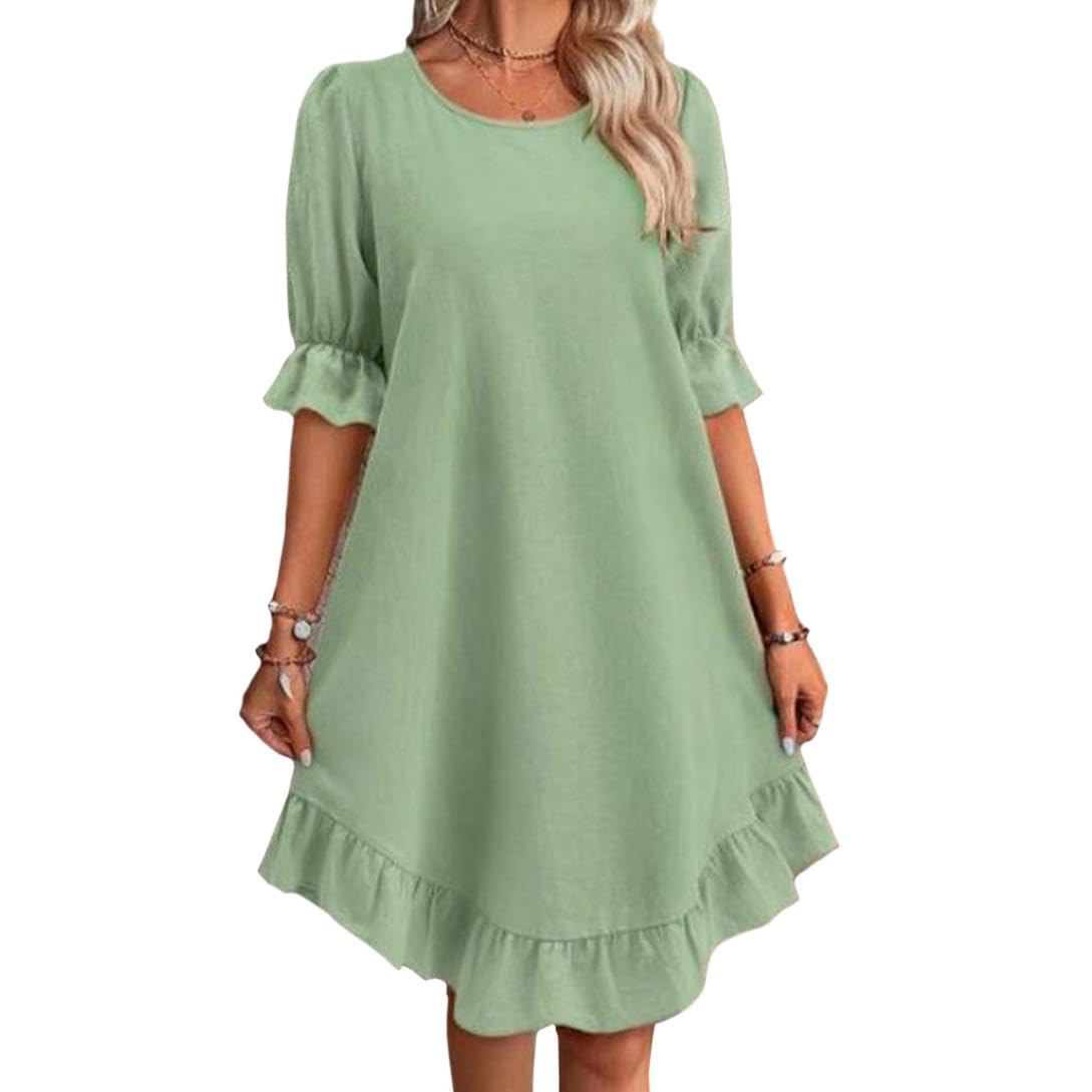 Reigee Cotton Dresses for Women Casual Summer Vacation Midi Ruffled Skirt Crewneck Falbala Solid Basic Dress