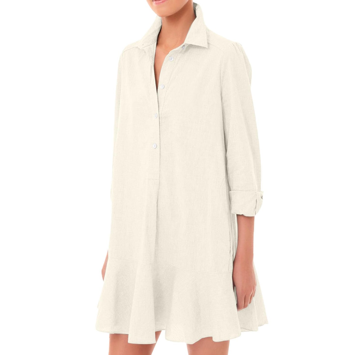 JiffPom Tunic Shirt Dress for Women, Casual Cotton Linen Button Up Long Sleeve Mini Shift Dress with Ruffle Hem and Pockets