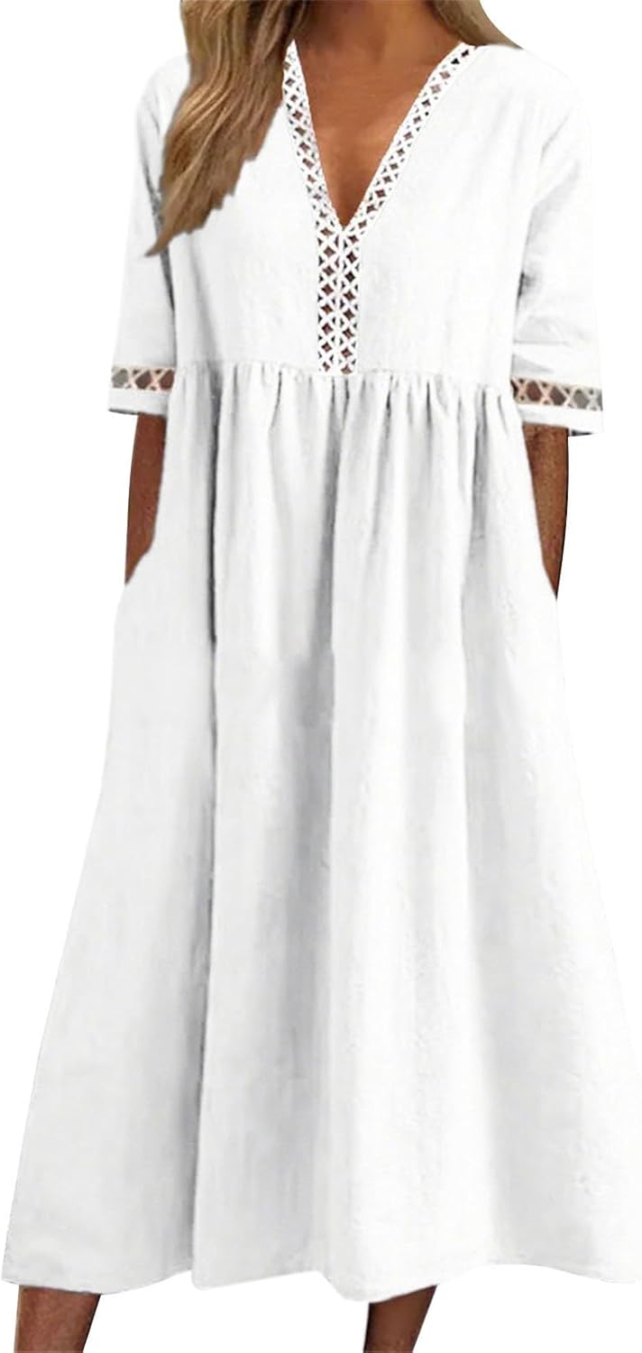 FONDBERYL Women's Cotton V Neck Long Flowy Loose Dress, Short Sleeve Plus Size Elegant Casual Wedding Guest Sun Dress 2026