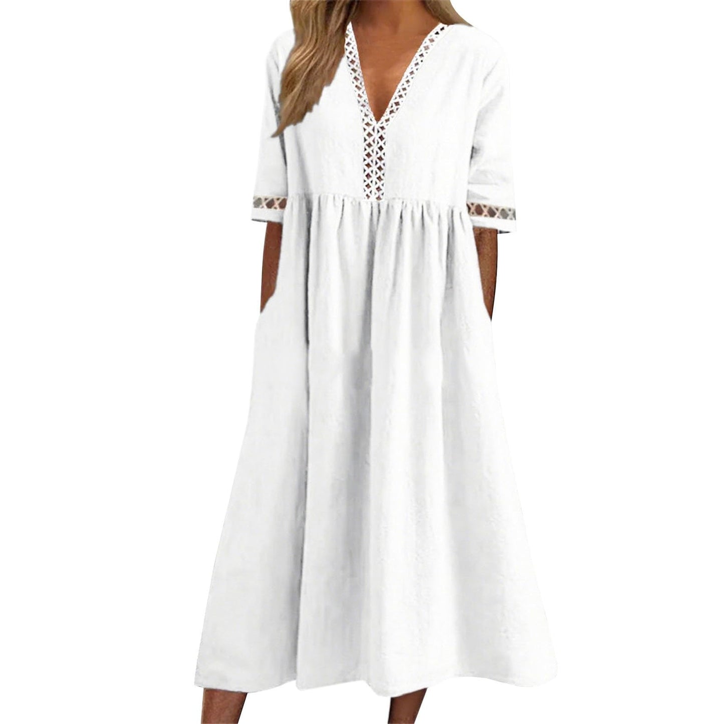 FONDBERYL Women's Cotton V Neck Long Flowy Loose Dress, Short Sleeve Plus Size Elegant Casual Wedding Guest Sun Dress 2026