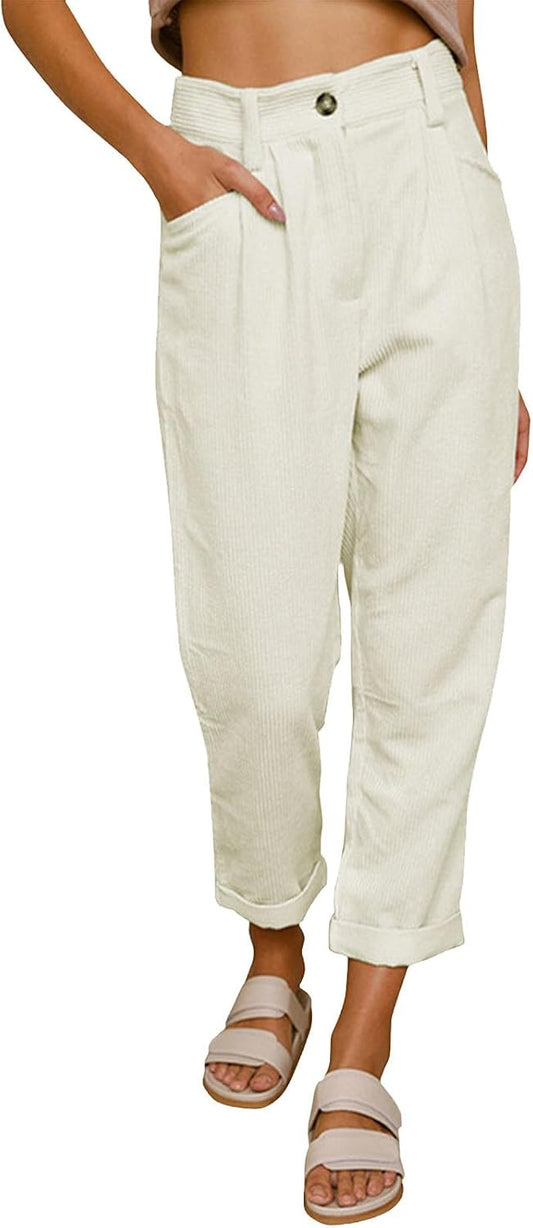 Reigee Womens Premium Corduroy Pants High Waist Wide Leg Trousers with Pockets Button Closure Elastic Waistband Casual Straight