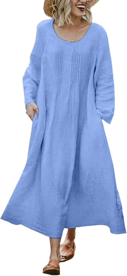 Bejirog Plus Size Linen Dresses for Women Long Sleeve Loose Crew Neck Oversized Casual Spring Fall Maxi Dress with Pockets